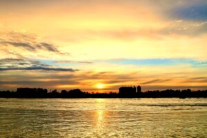 sunset, town, river